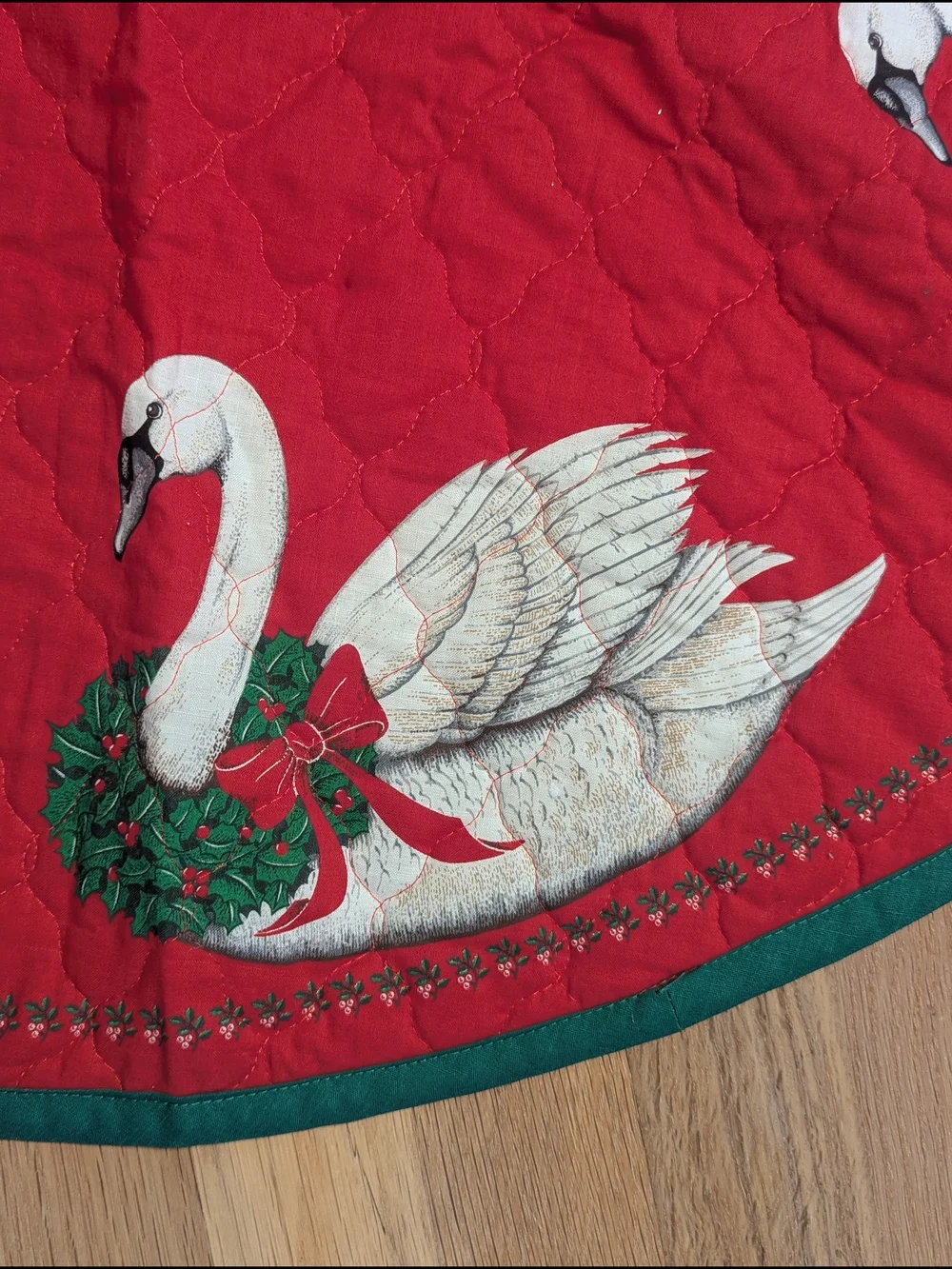 Festive Swan Quilted Tree Skirt - Red and Green​ Quilted Christmas Swans